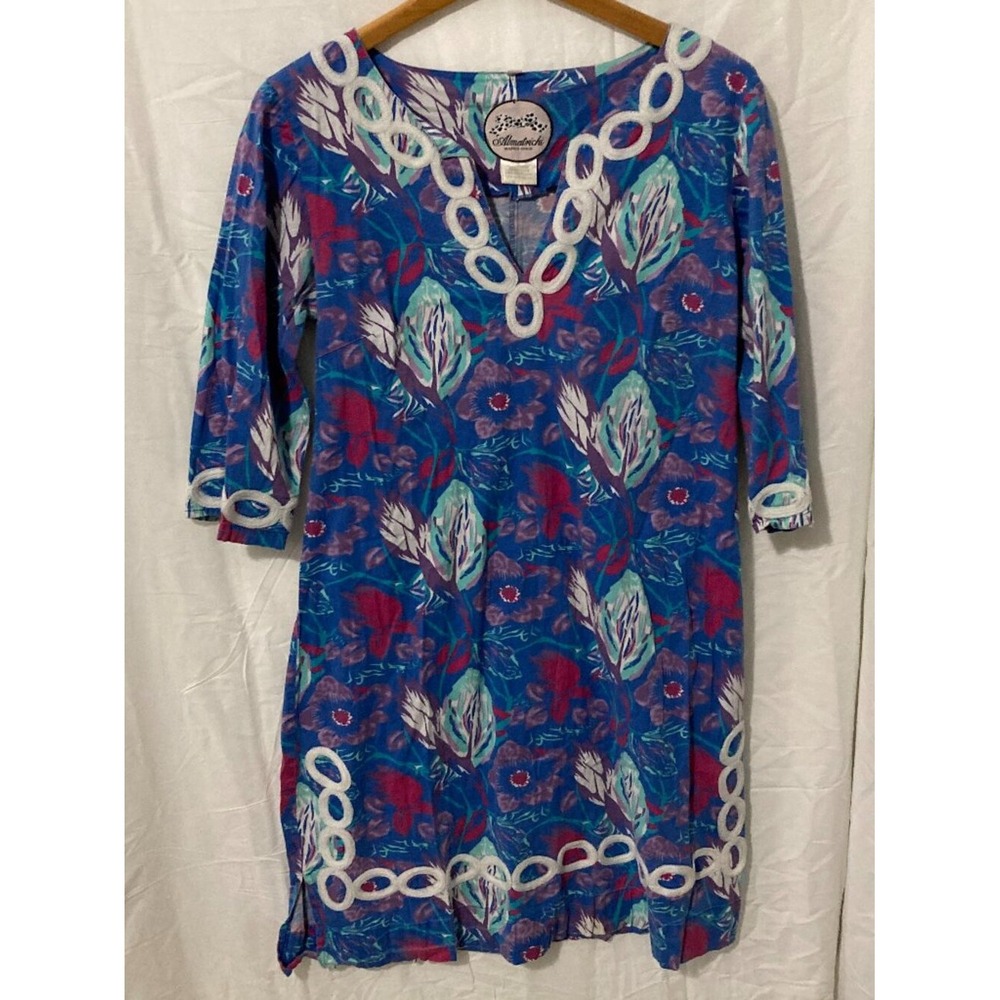 Almatrichi Floral Tunic Top Womens‎ 12 Blue Pink Long Boho Resort Core Madrid